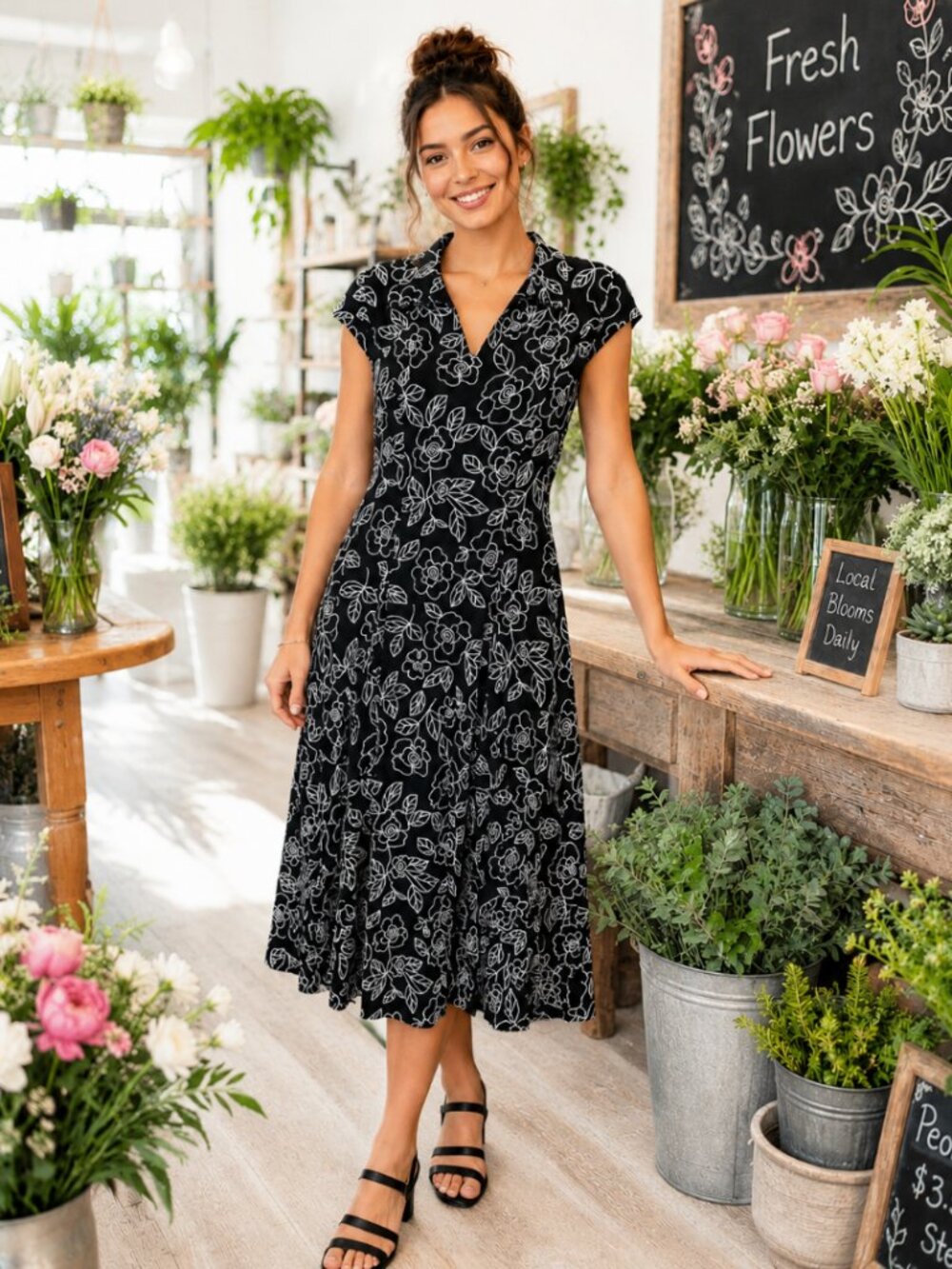 TANJAY DRESS BLACK WITH FLORA EMBOSSED SWING, 12, BUSINESS CASUAL, LIGHTWEIGHT‎